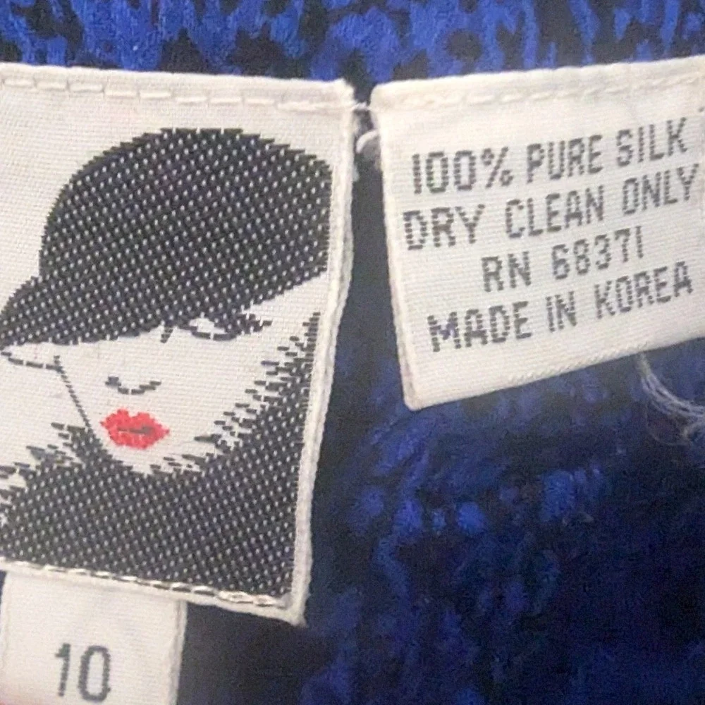 VTG 80's‎ Designer Silk Leather Trim Blouse & Skirt 2 Pc Set Black Cobalt Sz 10